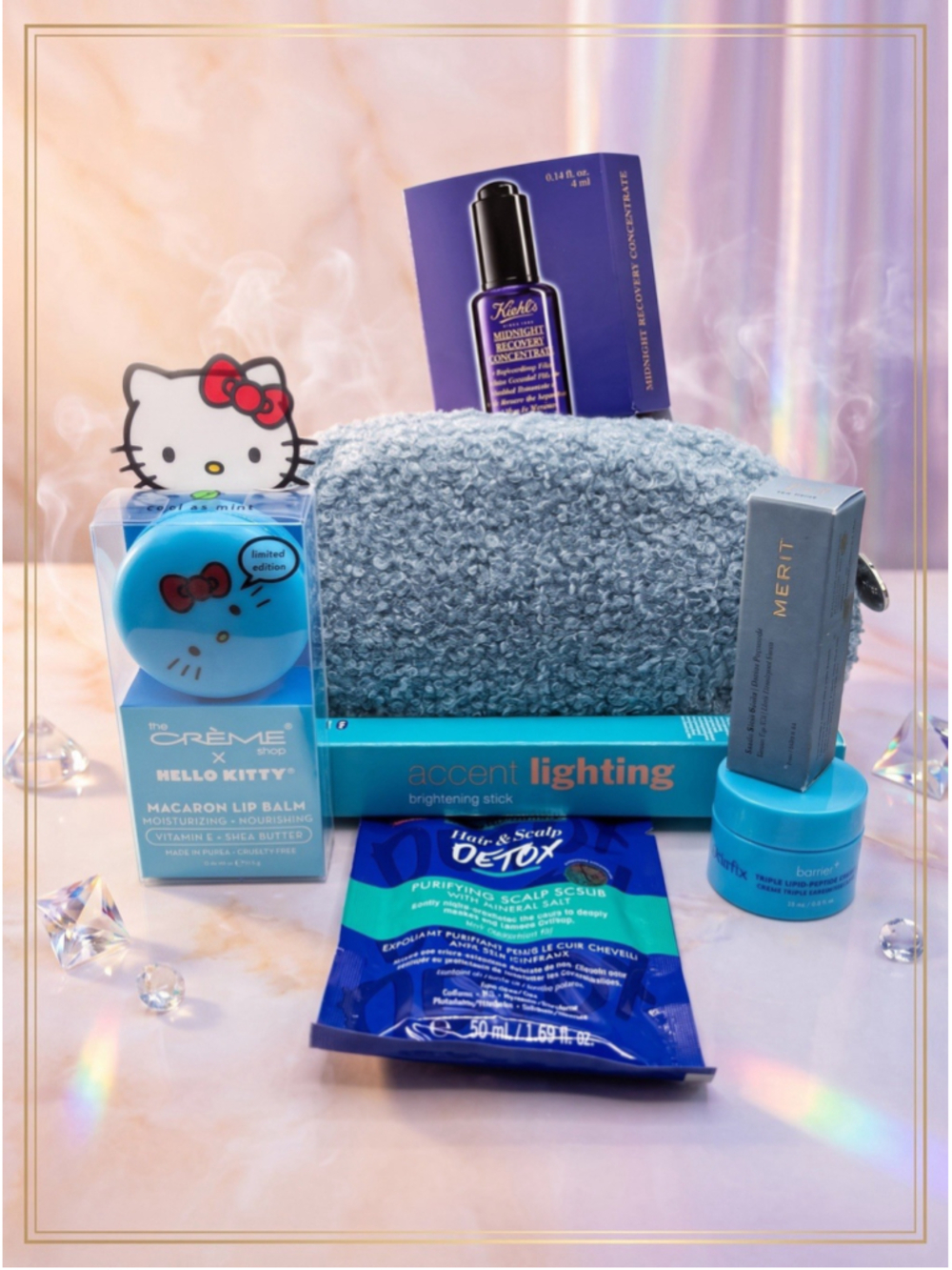 New 7 Piece Beauty Bundle Merit Skinfix Kiehl’s Hello Kitty + Bag